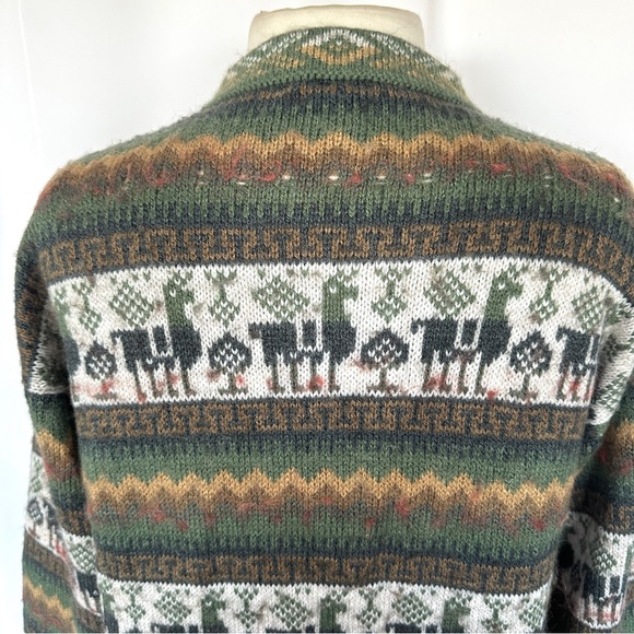 VTG ANDINA 100% ALPACA LLAMA PRINT GREEN MOCK-NECK BUTTON FRONT CARDIGAN SzM/L - Picture 5 of 13